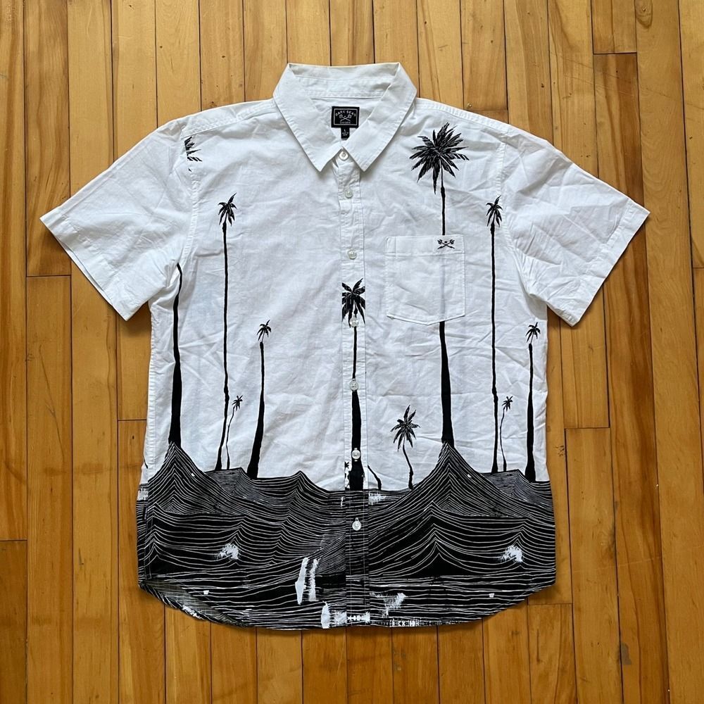Dark Seas Division Mens White Palm Tree Short Sleeve Button Up Shirt Size L